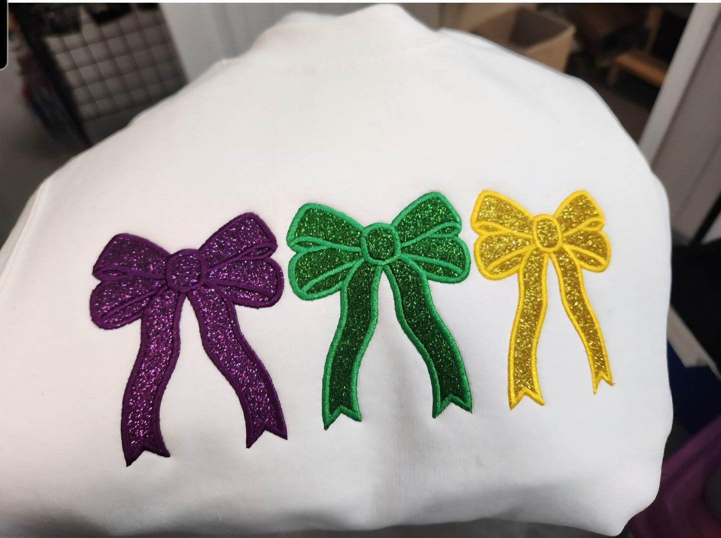 Glitter Embroidered Mardi Gras Triple Bows