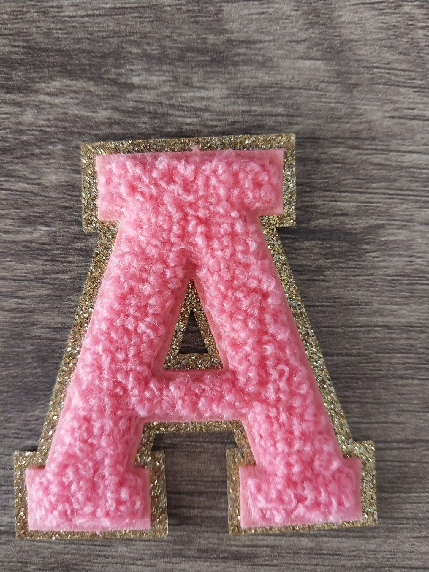 Chenille Letter Patch -2.35" Pink w/Fine Gold Glitter Trim