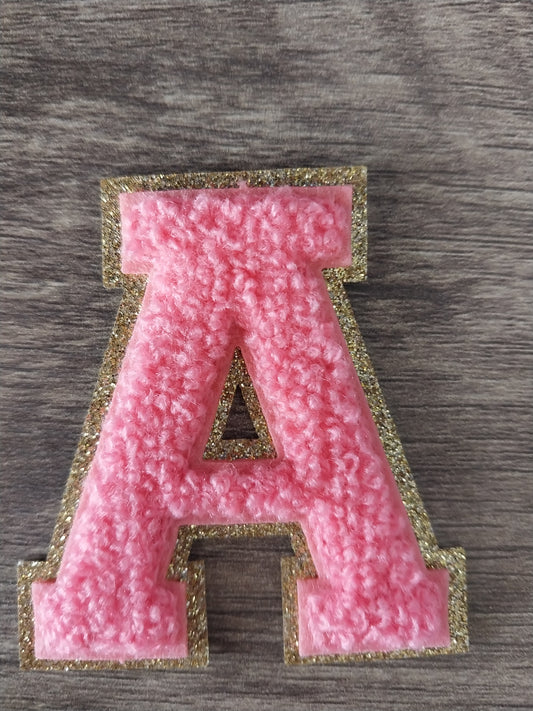 Chenille Letter Patch -2.35" Pink w/Fine Gold Glitter Trim