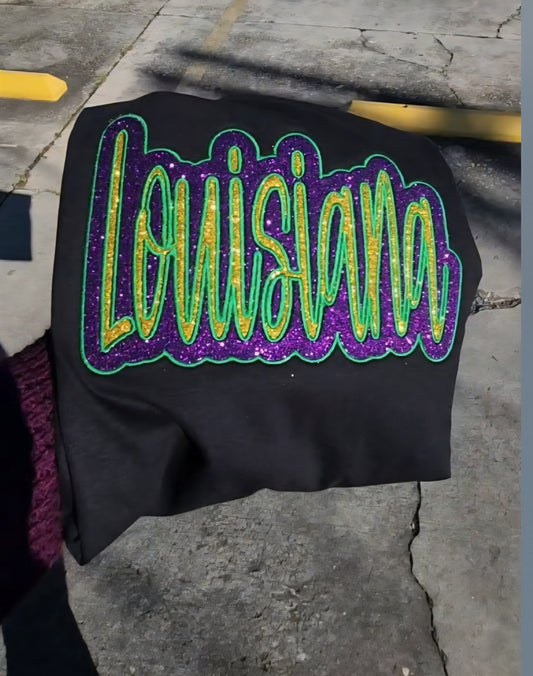 Louisiana Embroidered Sweatshirt Double Layered Glitter Script