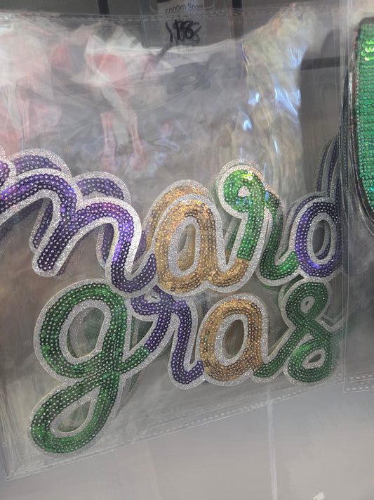 Sequin Mardi Gras Patch outlined in Silver