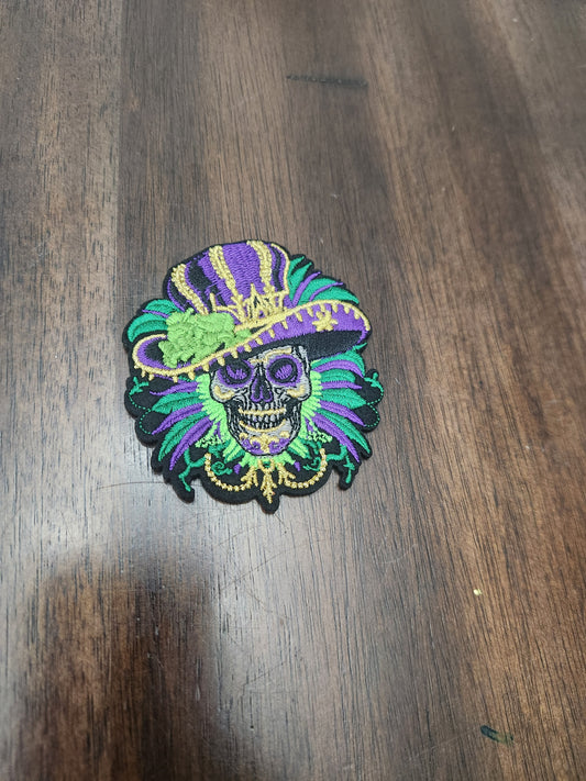 Mardi Gras Feathered Skeleton Head OSC Embroidered Patch