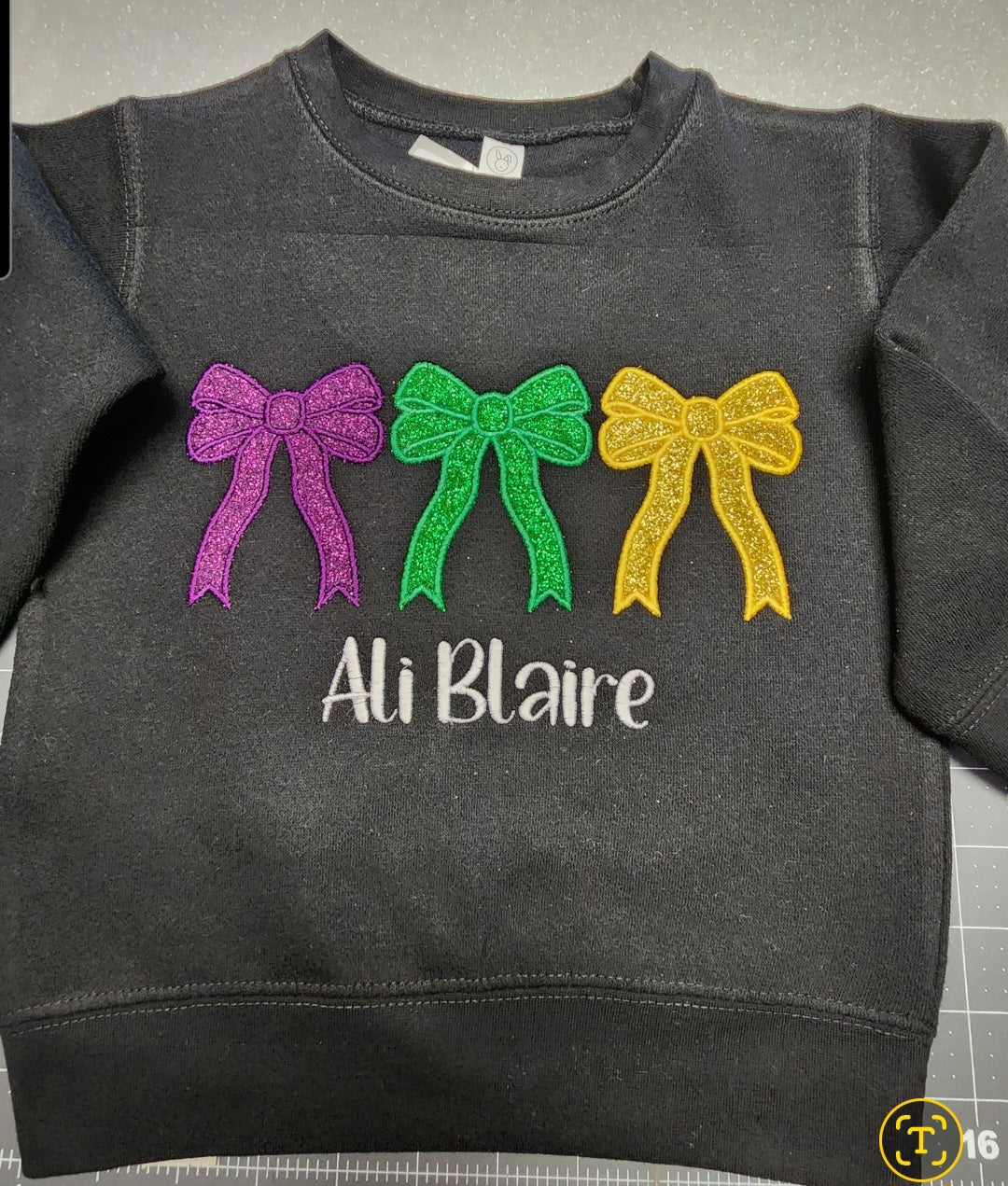 Glitter Embroidered Mardi Gras Triple Bows