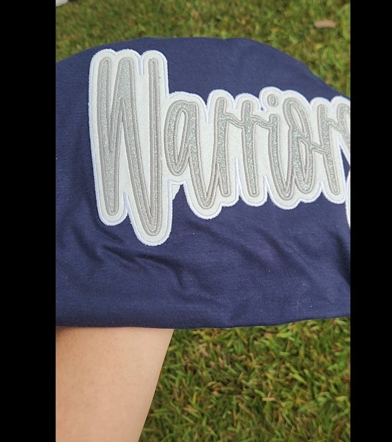 "Warriors" White Glitter Offset in Silver Glitter Embroidered Sweatshirt Double Layer Glitter Script
