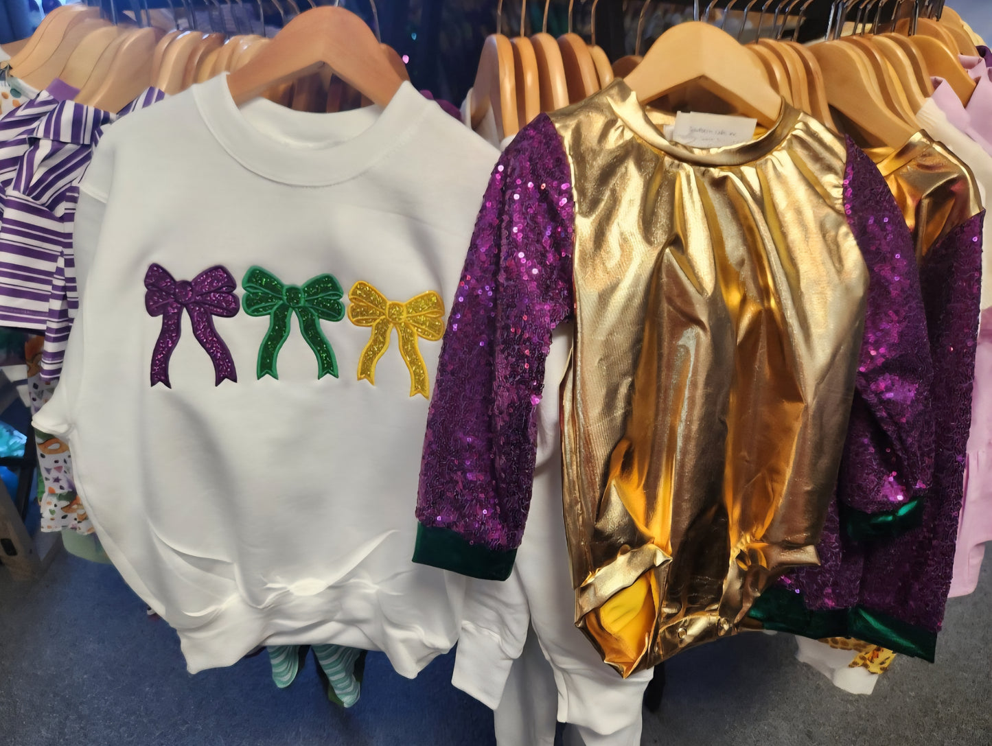 Glitter Embroidered Mardi Gras Triple Bows